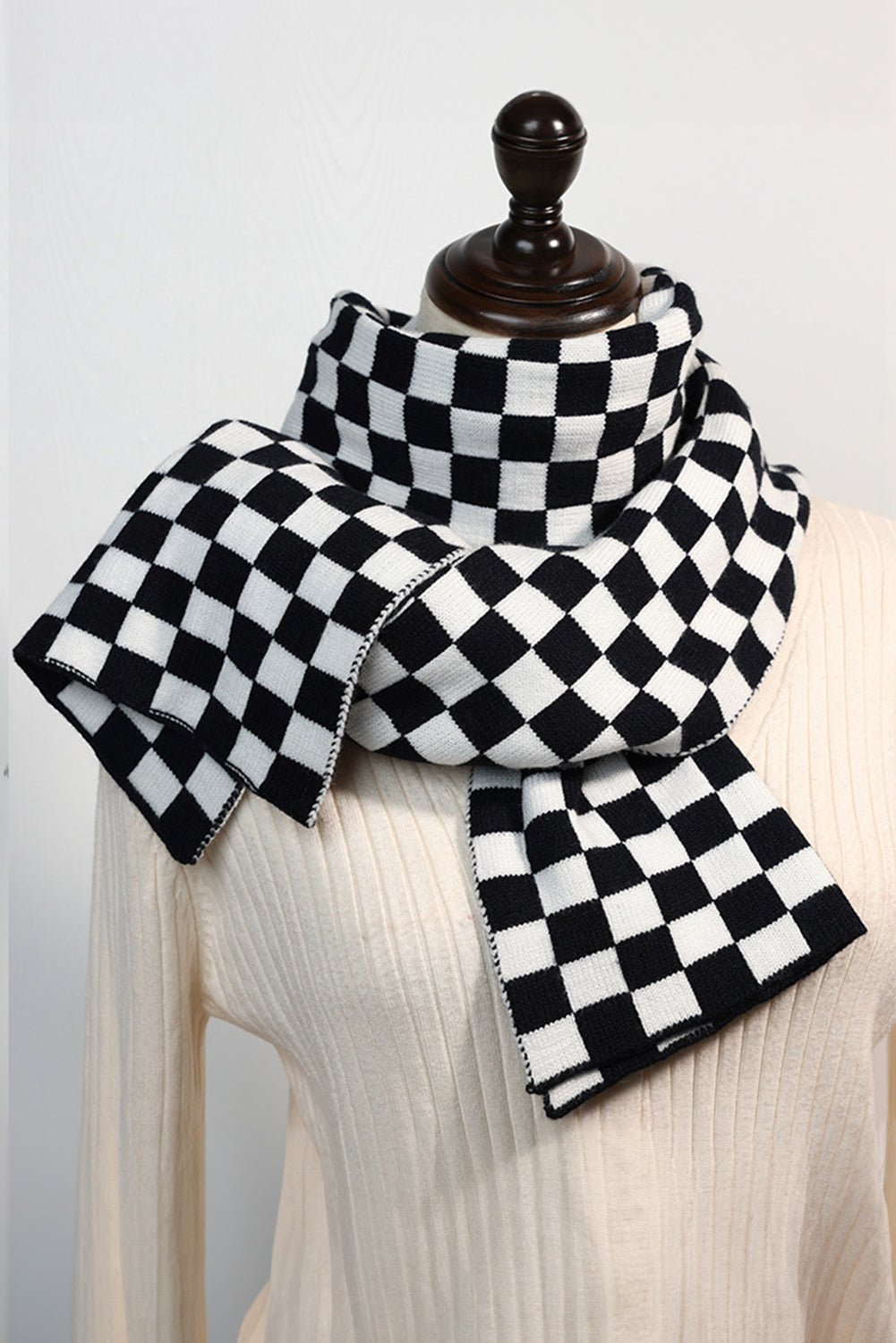 Black Checkered Knitted Soft Warm Large Scarf - Image 3