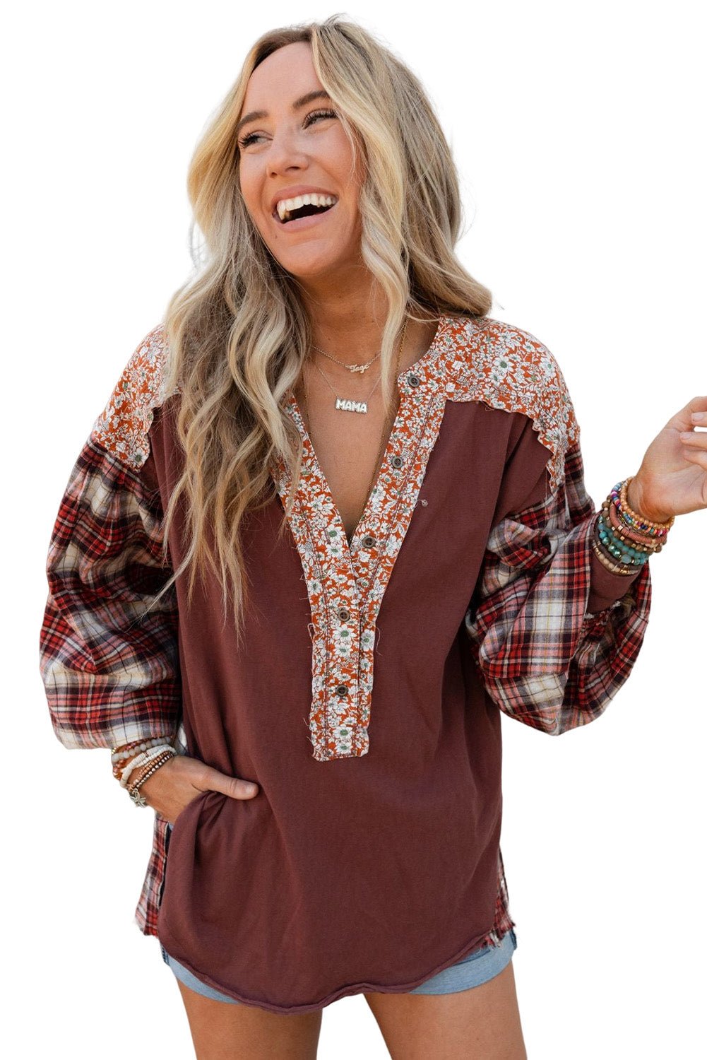 Red Floral Plaid Mixed Print Bishop Sleeve Patchwork Top - Image 16