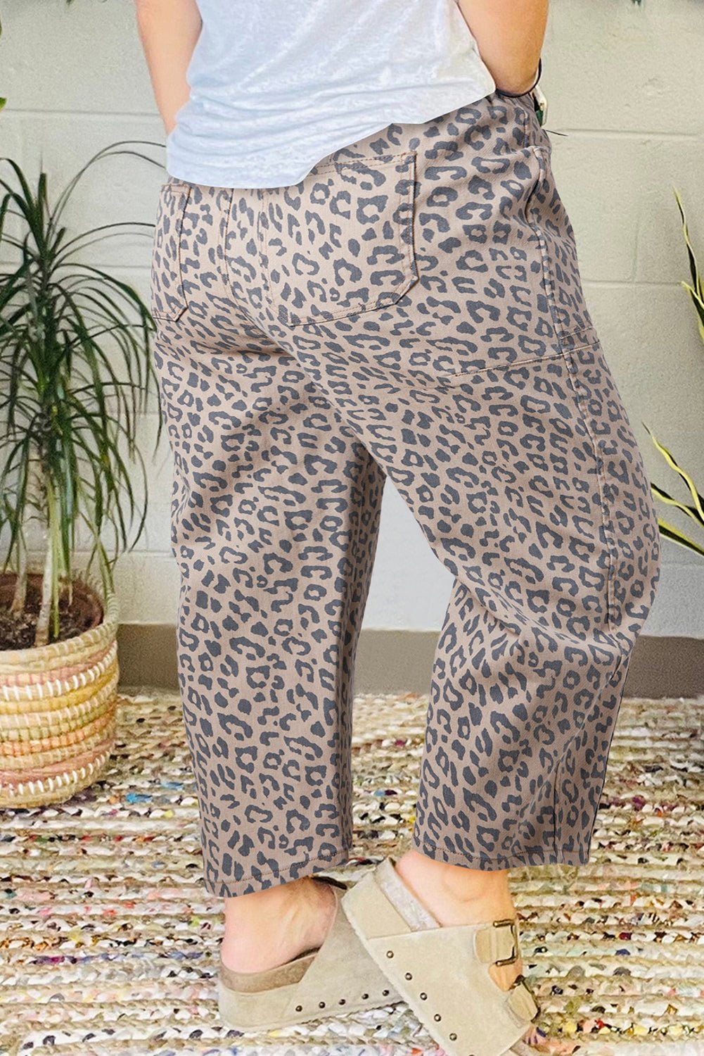 Khaki Leopard Printed Drawstring Waist Pocketed Wide Leg Jeans - Image 2