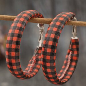 Red Dahlia Plaid Print PU Leather Hoop Earrings
