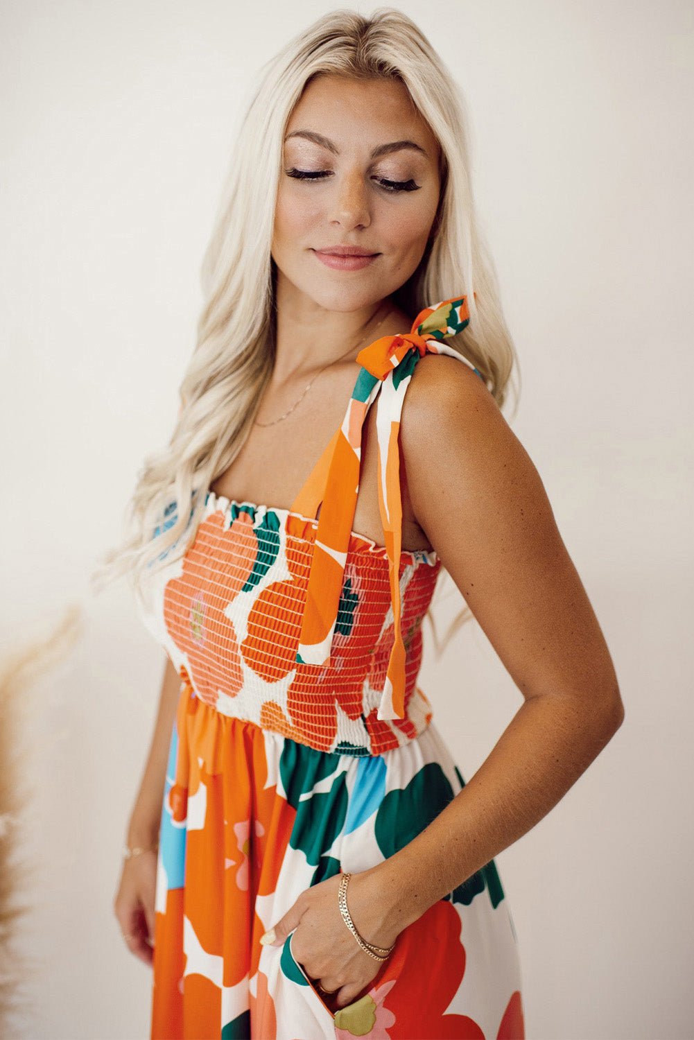 Orange Floral Self Tied Straps Smocked Bust Maxi Dress - Image 3
