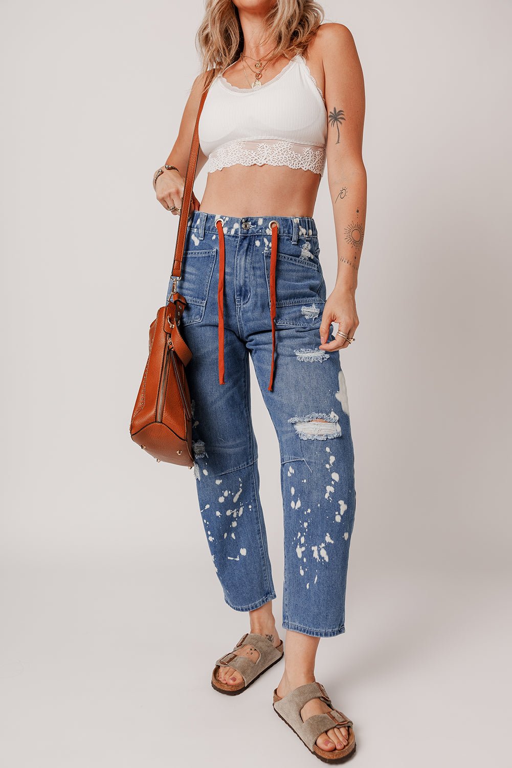 Ashleigh Blue Ripped Splattering Paint Rope Waist Cropped Straight Jeans - Image 5