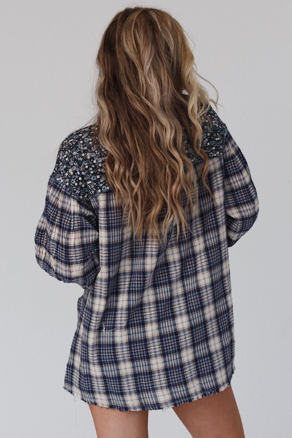 Red Floral Plaid Mixed Print Bishop Sleeve Patchwork Top - Image 18