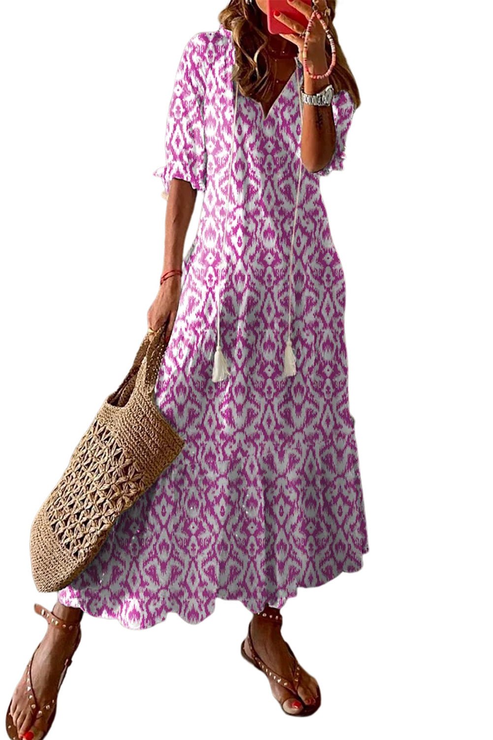 V Neck Casual Geometric Print Maxi Dress - Image 14