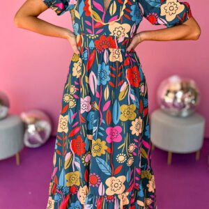 Green Retro Floral Printed Split Neck Maxi Dress