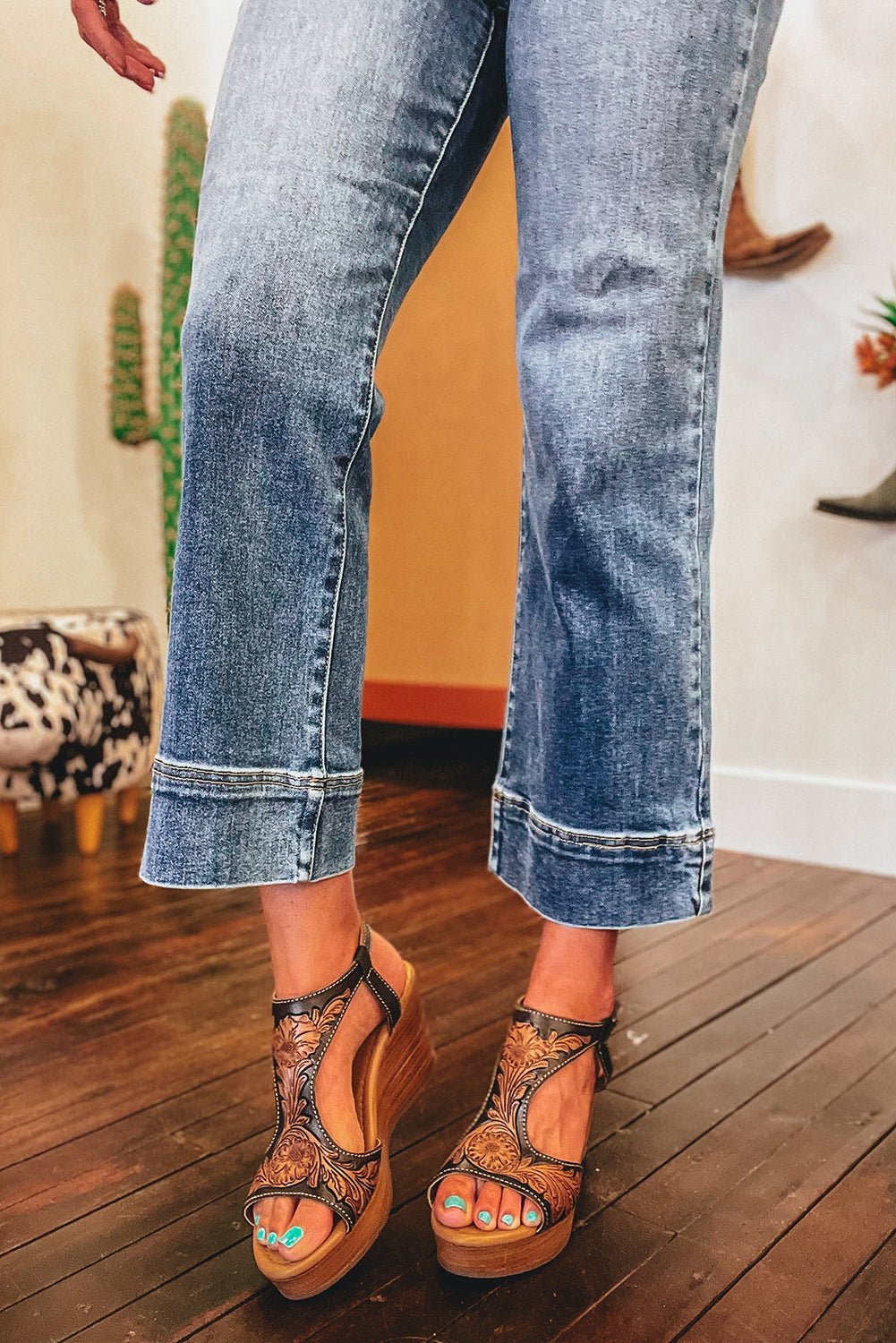 Ashleigh Blue Mineral Wash High Waist Bell Bottom Crop Jeans - Image 7