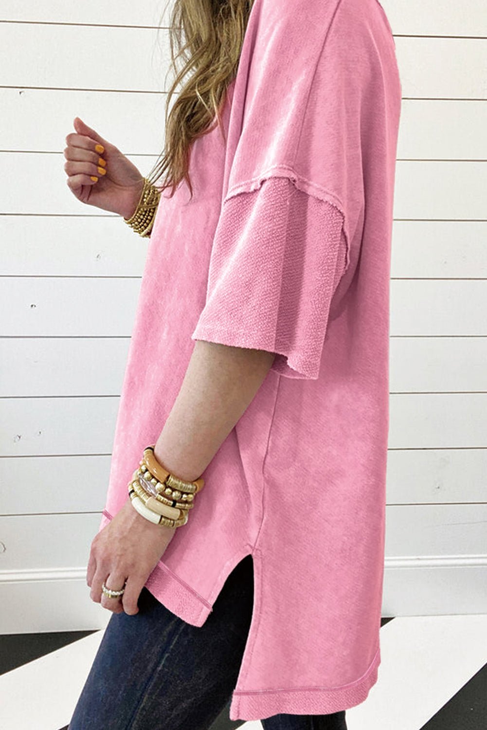 Strawberry Pink Mineral Wash Exposed Seam Drop Shoulder Oversized Tee - Image 2