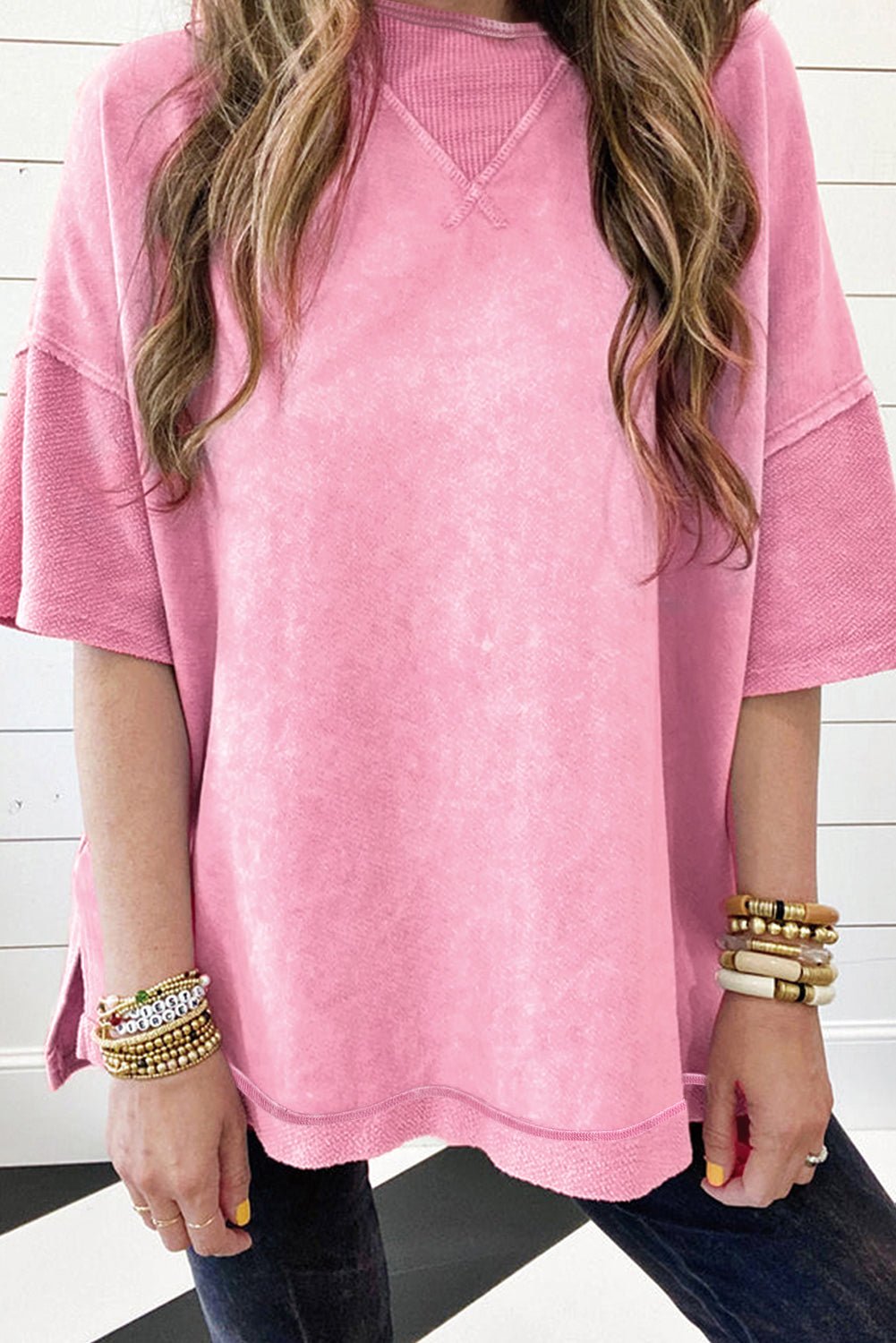 Strawberry Pink Mineral Wash Exposed Seam Drop Shoulder Oversized Tee - Image 3