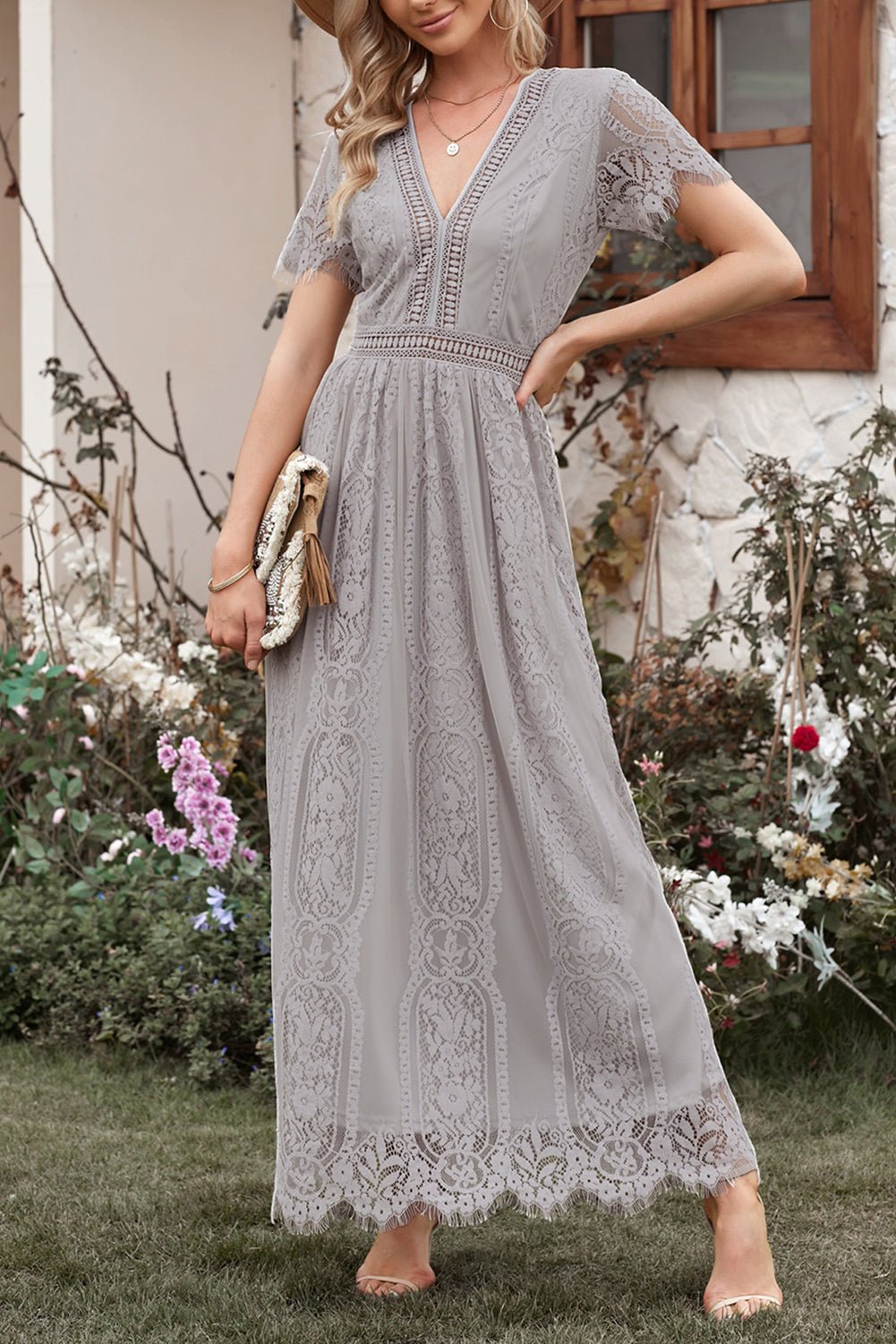 Burgundy Deep V Neck Short Sleeve Lace Maxi Dress - Image 11