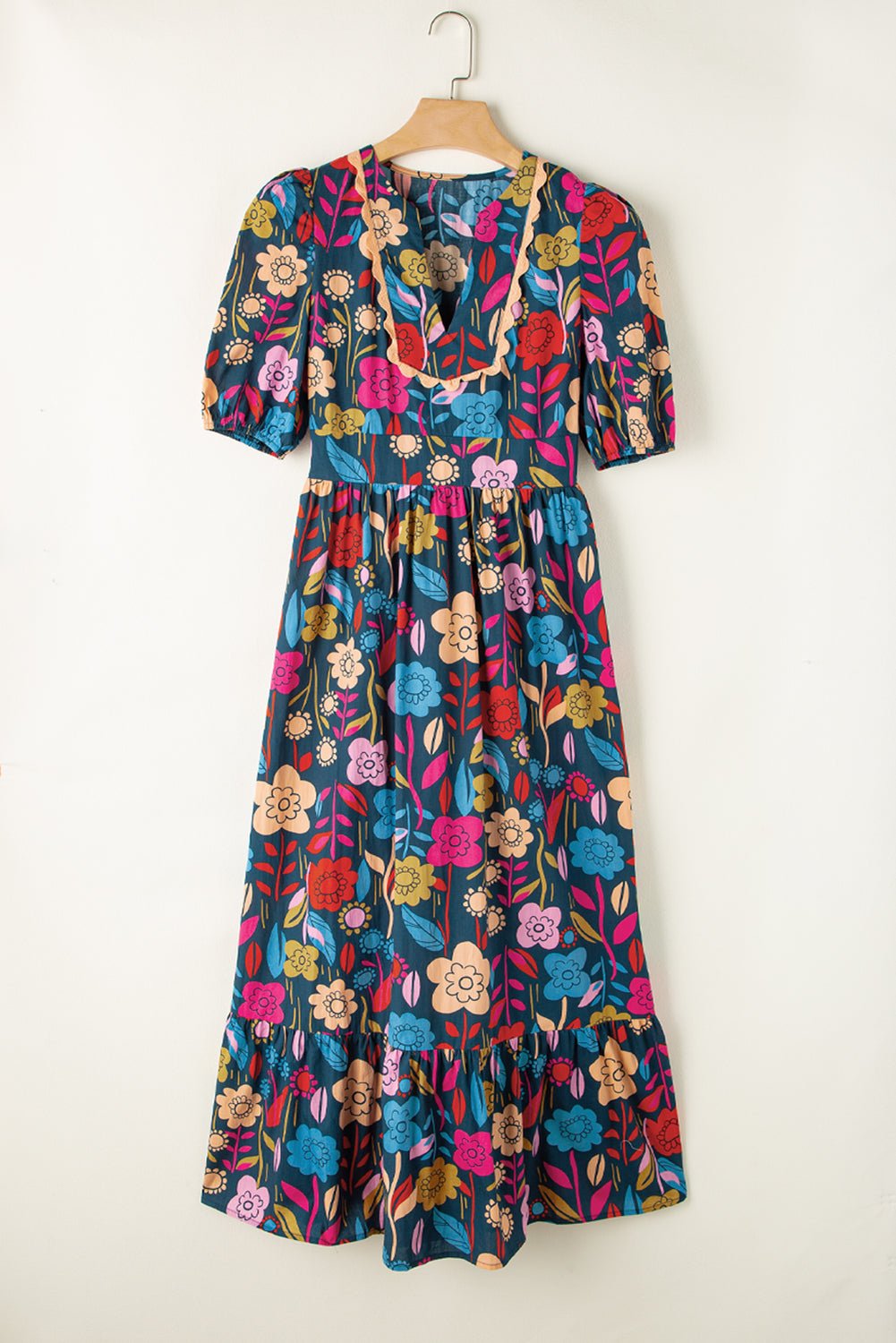 Green Retro Floral Printed Split Neck Maxi Dress - Image 7