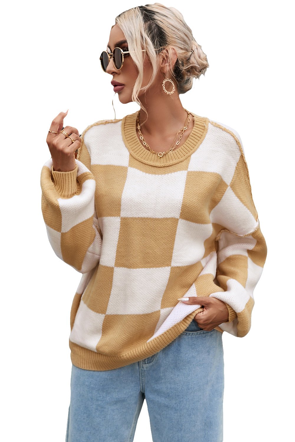 Khaki Checkered Bishop Sleeve Sweater - Image 22