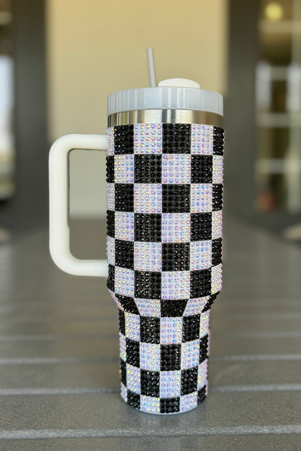 Black Full Rhinestone Checkerboard Handled Tumbler 40oz - Image 3
