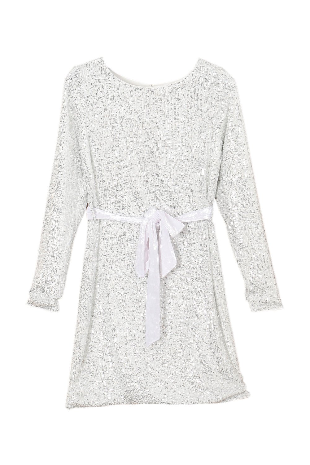 Silvery Sequin Long Sleeve Tie Waist Mini Dress - Image 14