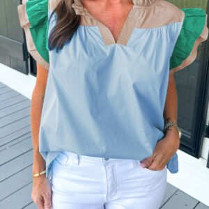 Mist Blue Colorblock Ruffled Sleeve Frill V Neck Blouse
