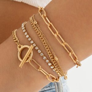 Gold Multi Layered Rhinestone Chain Bracelet Set