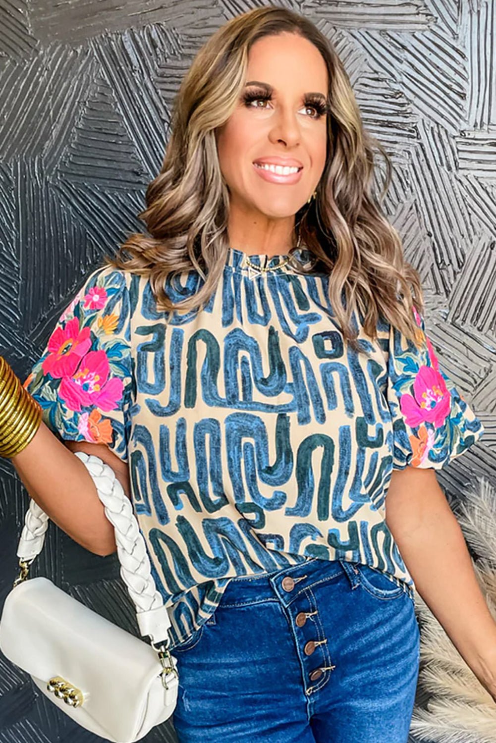 Beige Embroidered Puff Sleeve Frilled Neck Printed Top - Image 5