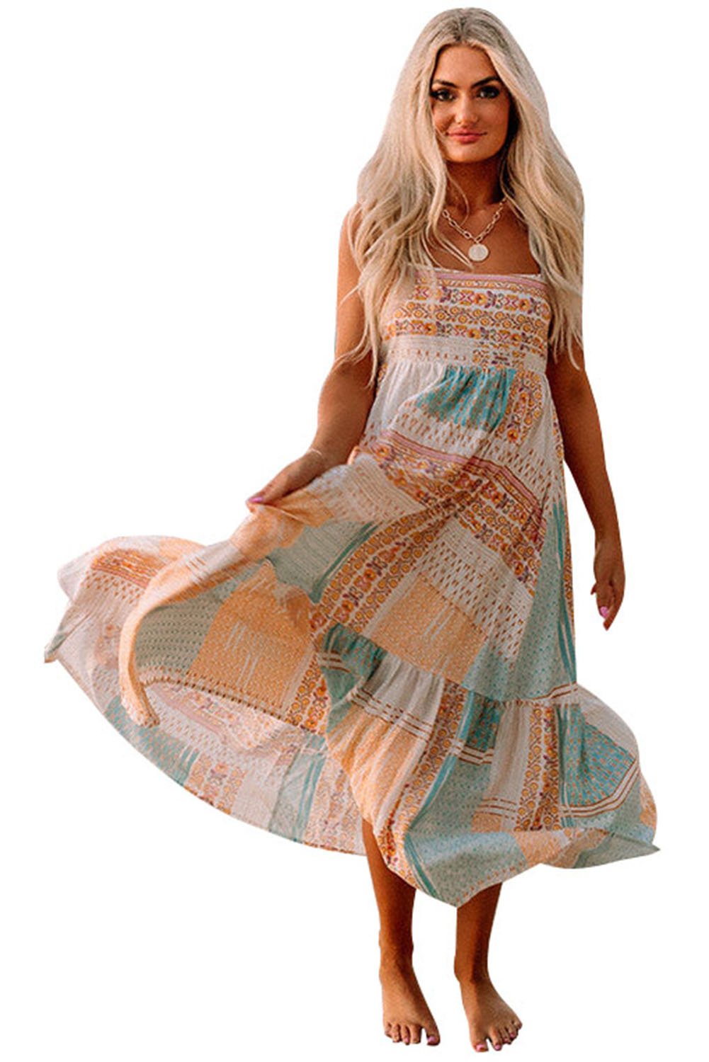 Multicolor Boho Patchwork Print Square Neck Sundress - Image 7