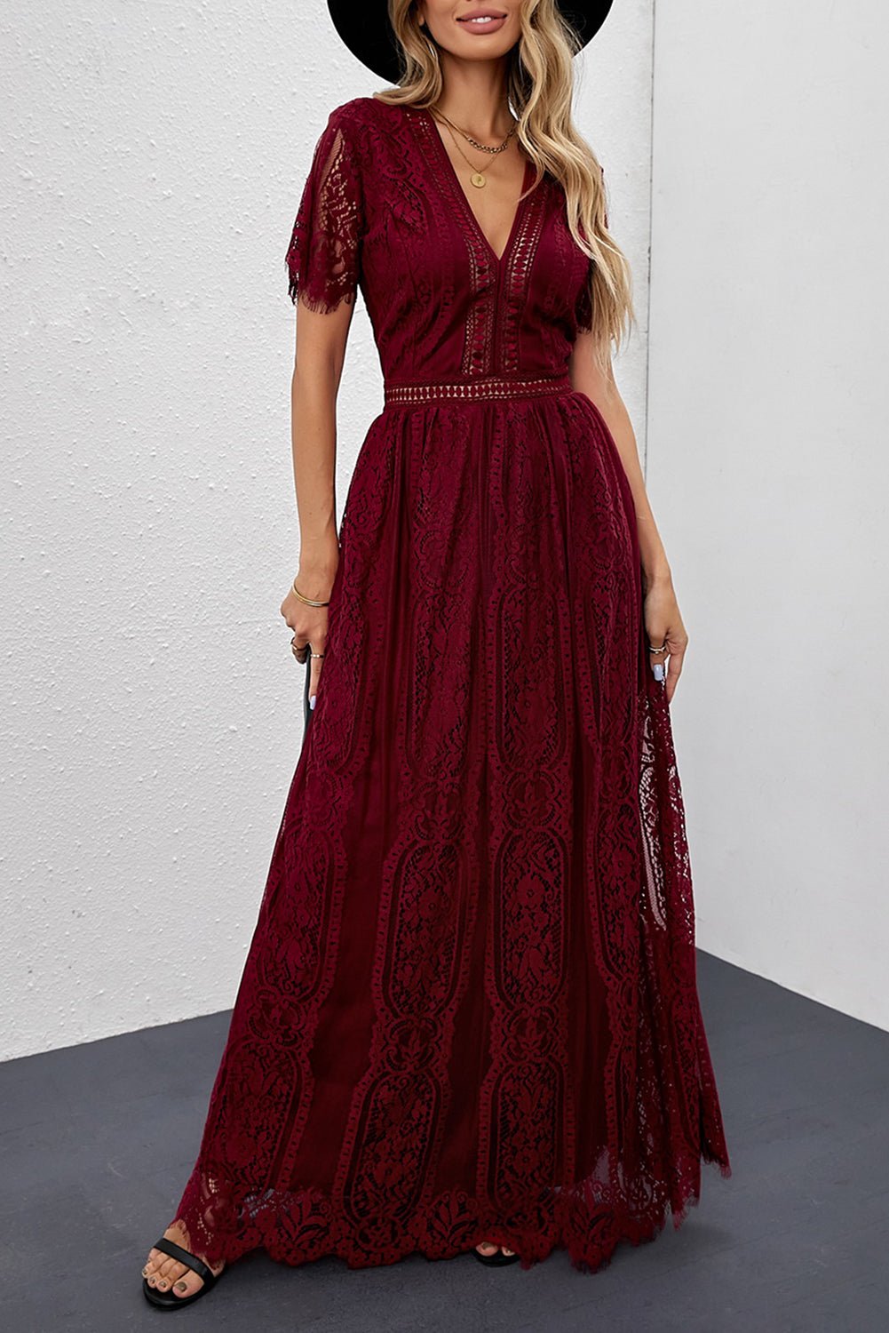 Burgundy Deep V Neck Short Sleeve Lace Maxi Dress - Image 3