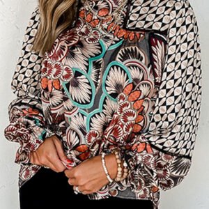 Black Black Mixed Floral Geometric Print Ruffled Long Sleeve Blouse