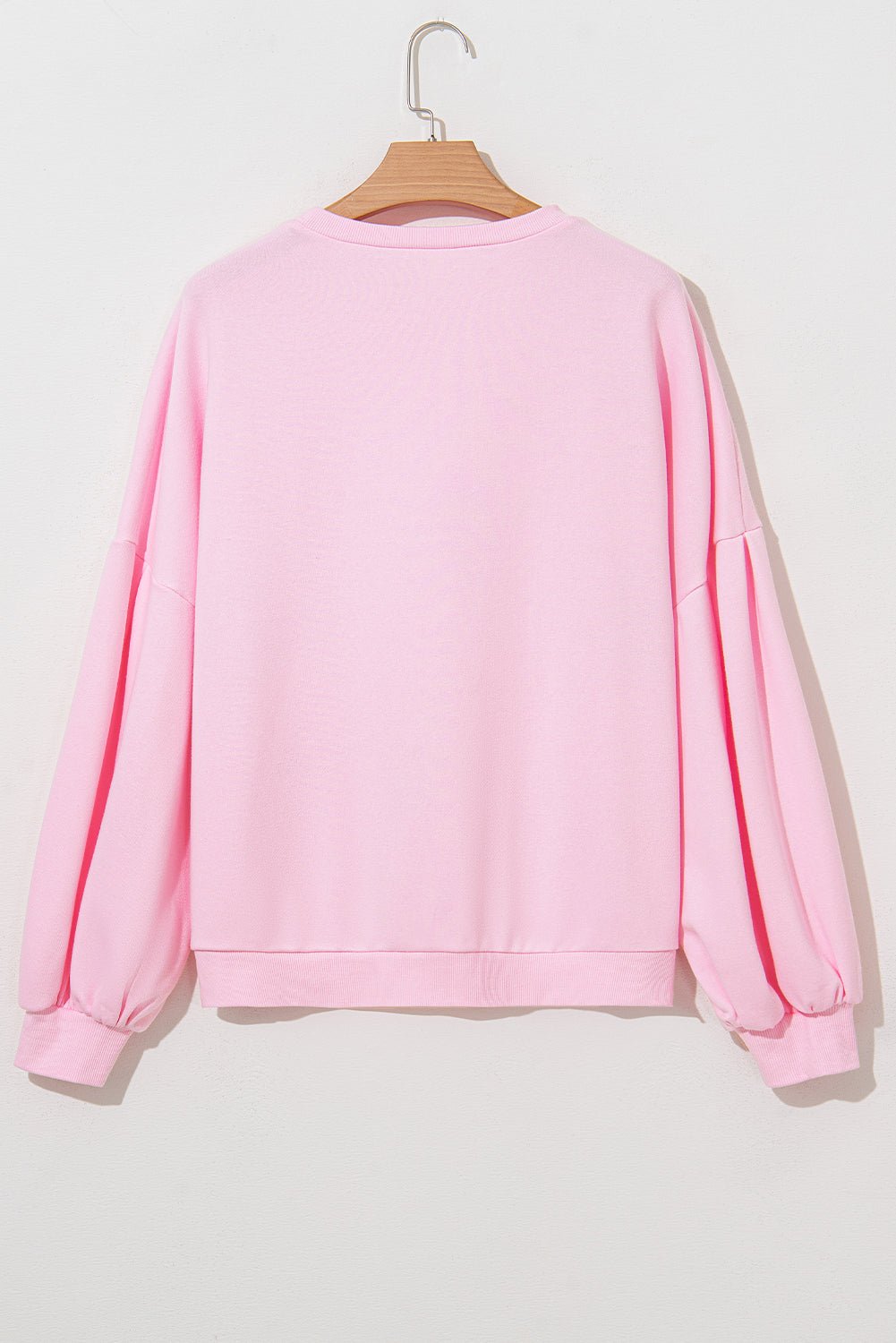 Light Pink Embroidered Bow Lantern Sleeve Oversized Pullover Sweatshirt - Image 8