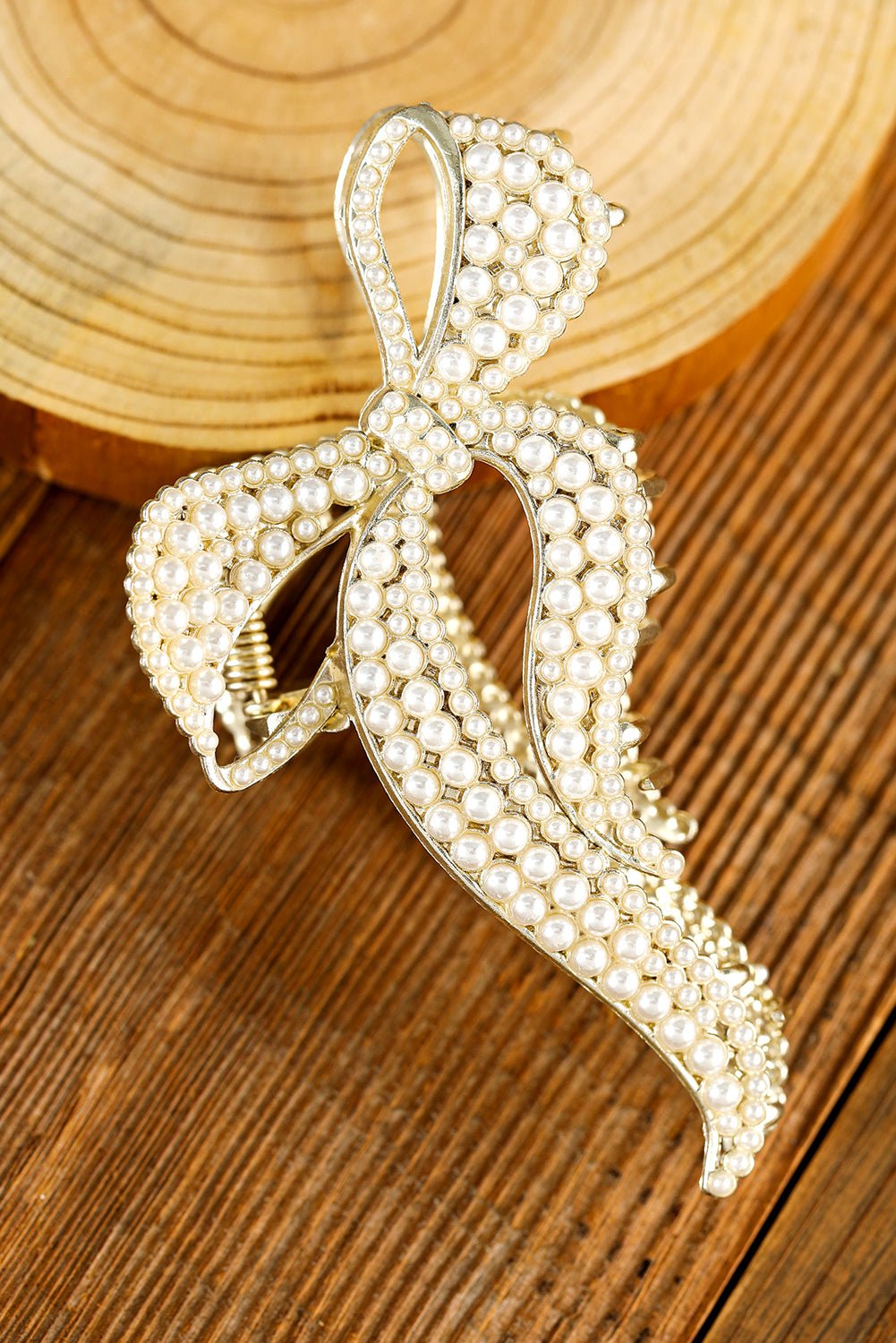 Gold Full Pearl Bow Knot Hair Claw Clip - Image 9