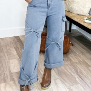 Beau Blue Bowknot Decor Boyfriend Cargo Jeans