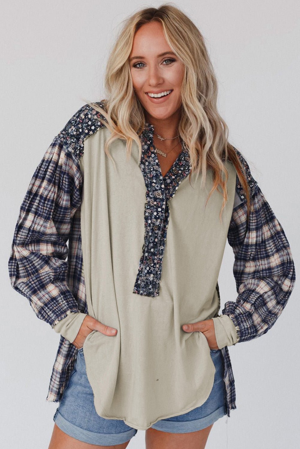 Red Floral Plaid Mixed Print Bishop Sleeve Patchwork Top - Image 20