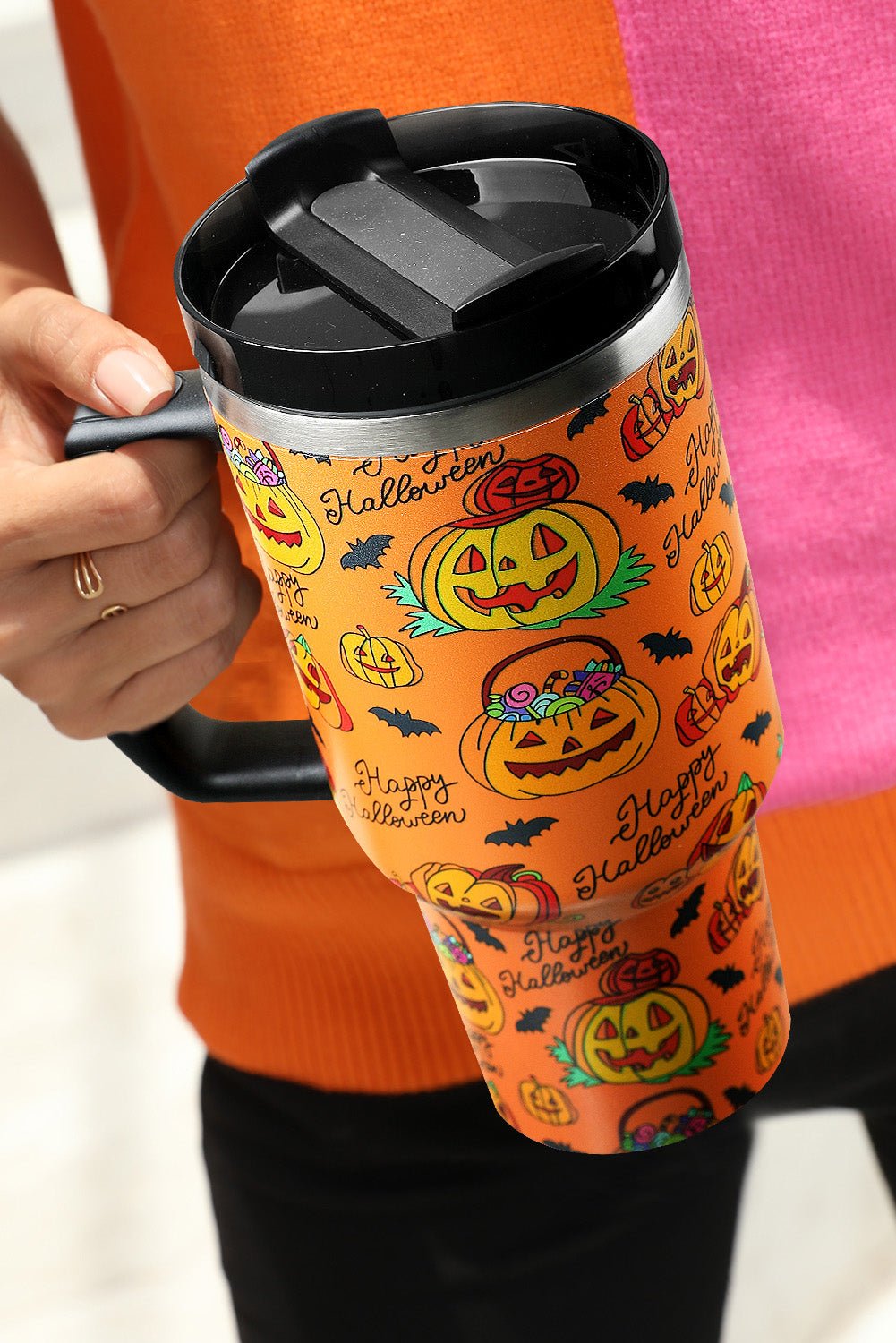 Orange Halloween Pumpkin Print Handle Large Tumbler 40oz - Image 3