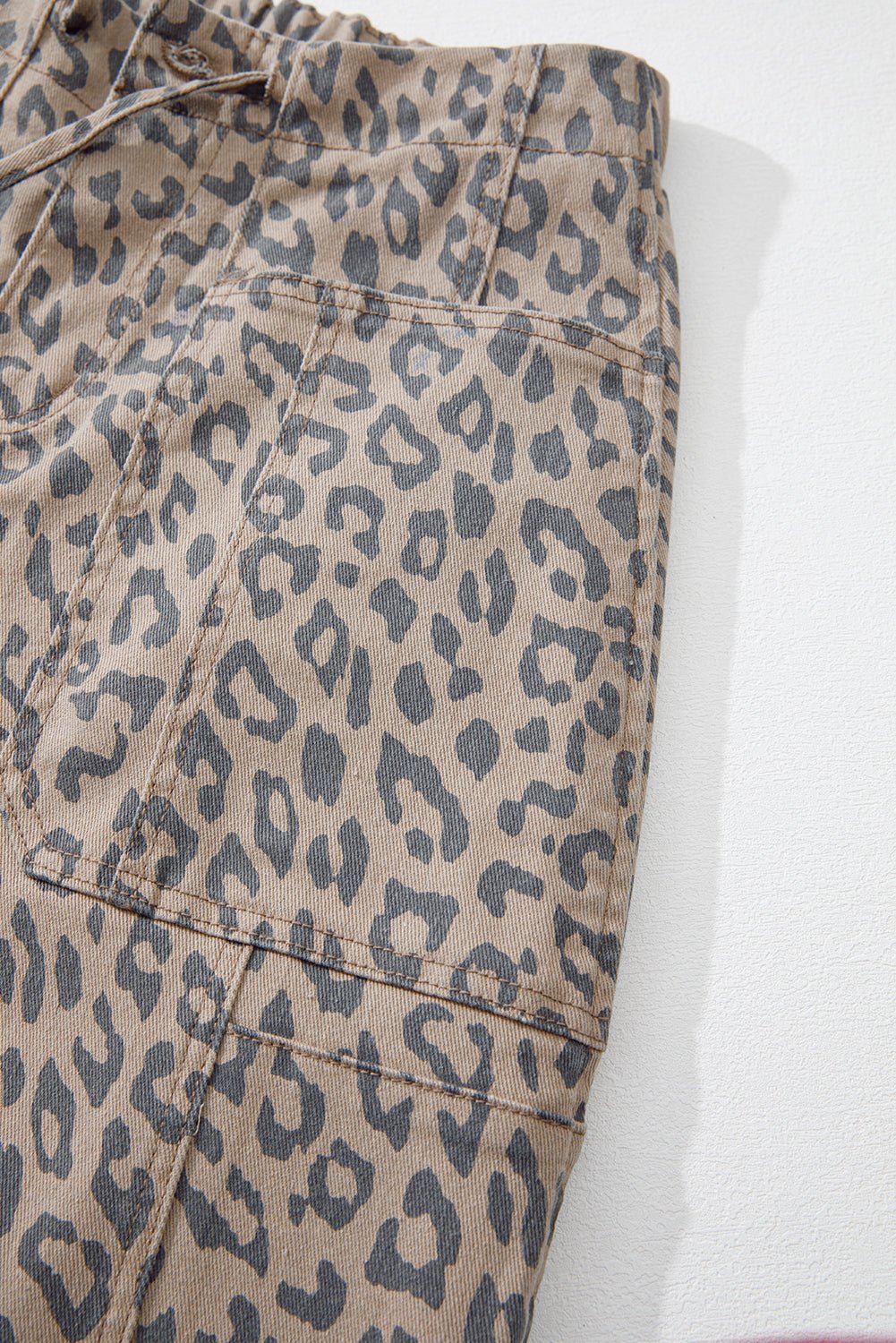Khaki Leopard Printed Drawstring Waist Pocketed Wide Leg Jeans - Image 10