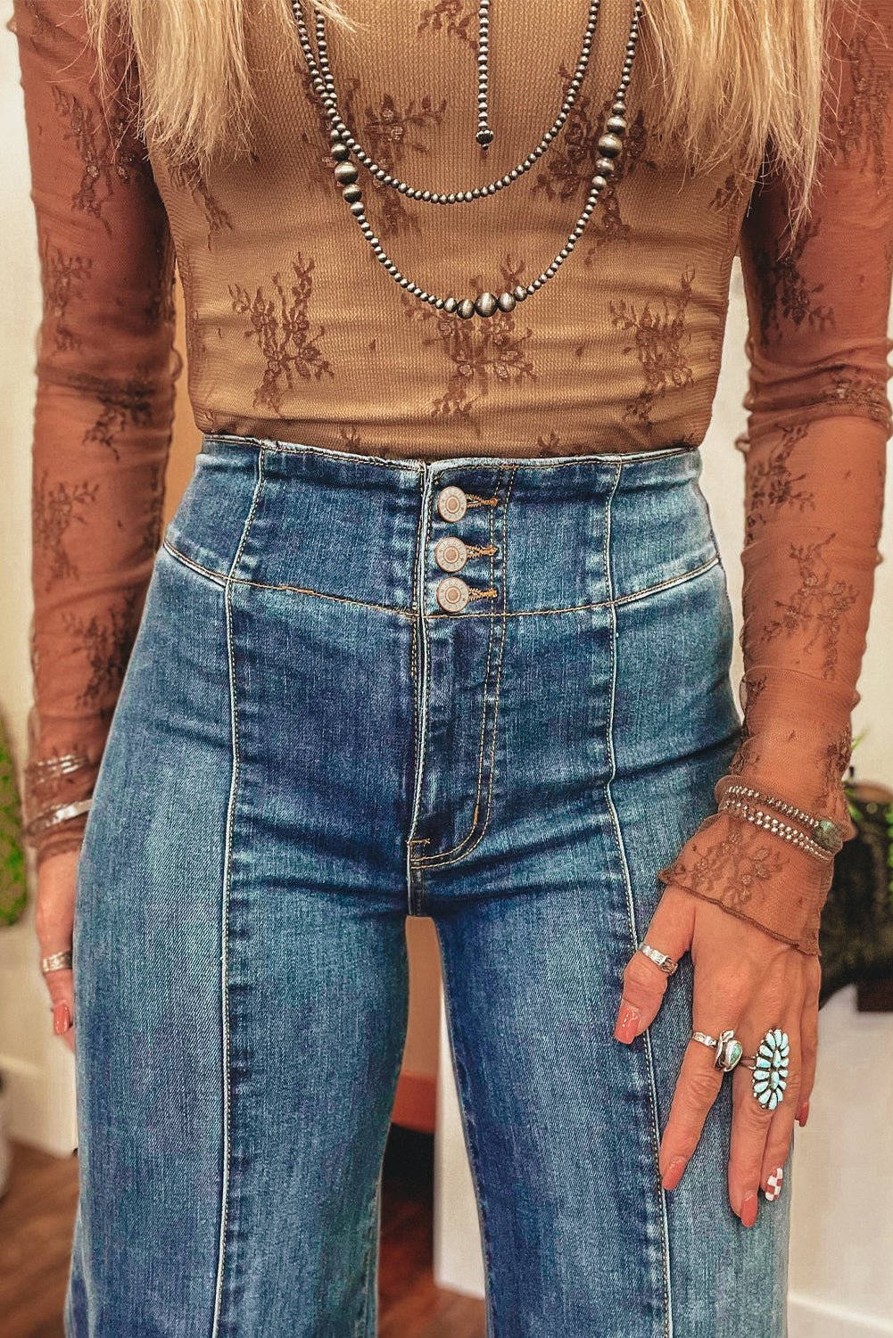 Sail Blue High Waist Button Fly Seamed Raw Hem Flare Jeans - Image 6