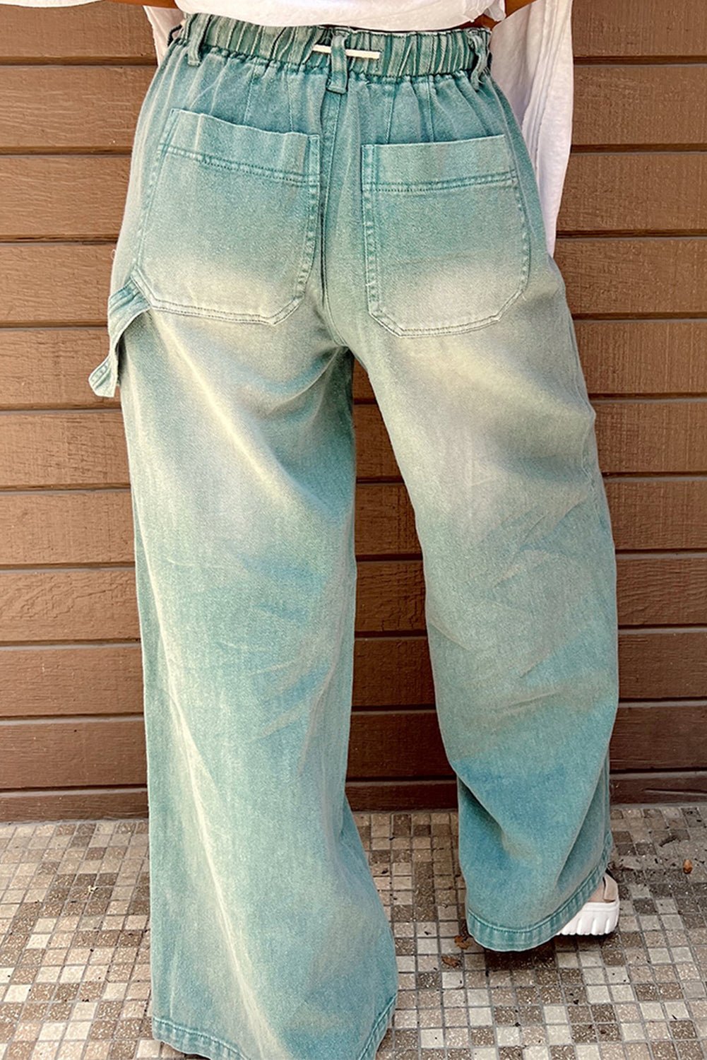 Smoke Green Mineral Wash Drawstring High Waist Wide Leg Jeans - Image 2