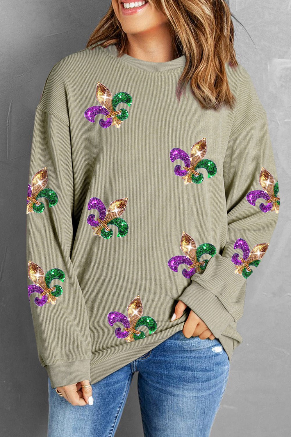 Green Glitter Mardi Gras Symbol Corded Baggy Sweatshirt - Image 3