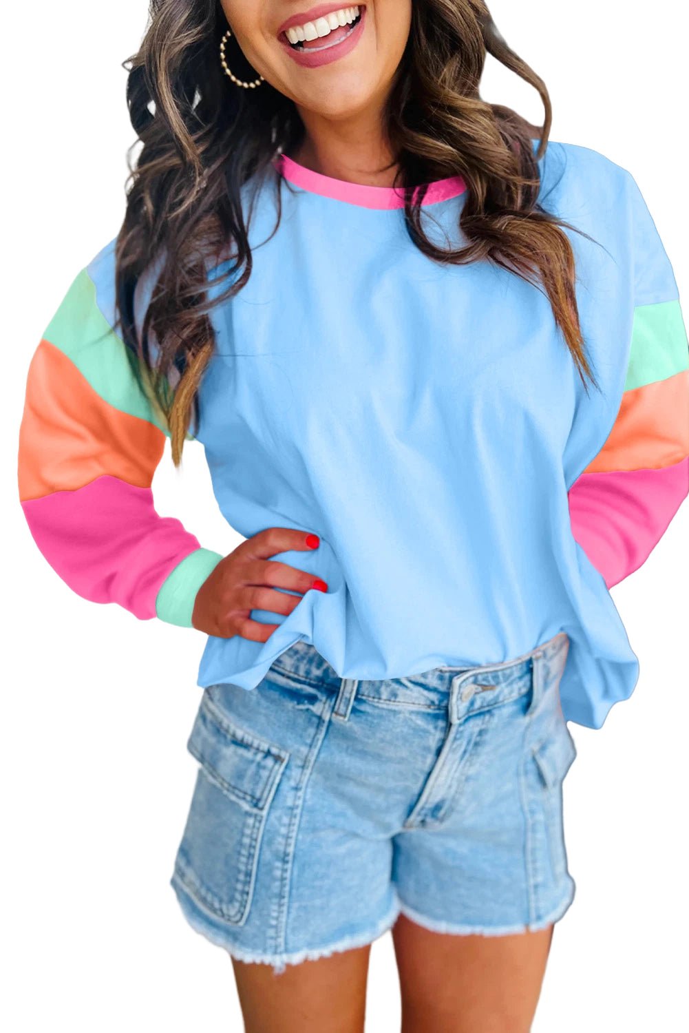 Dark Blue Colorblock Patchwork Long Sleeve Loose Top - Image 2