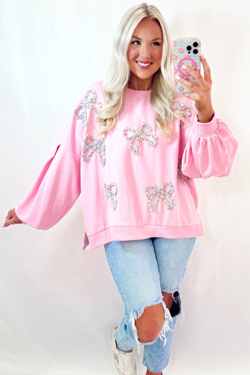 Light Pink Embroidered Bow Lantern Sleeve Oversized Pullover Sweatshirt - Image 6