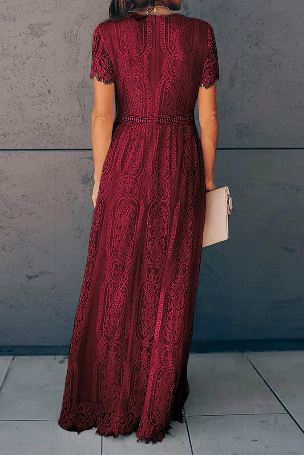 Burgundy Deep V Neck Short Sleeve Lace Maxi Dress - Image 2