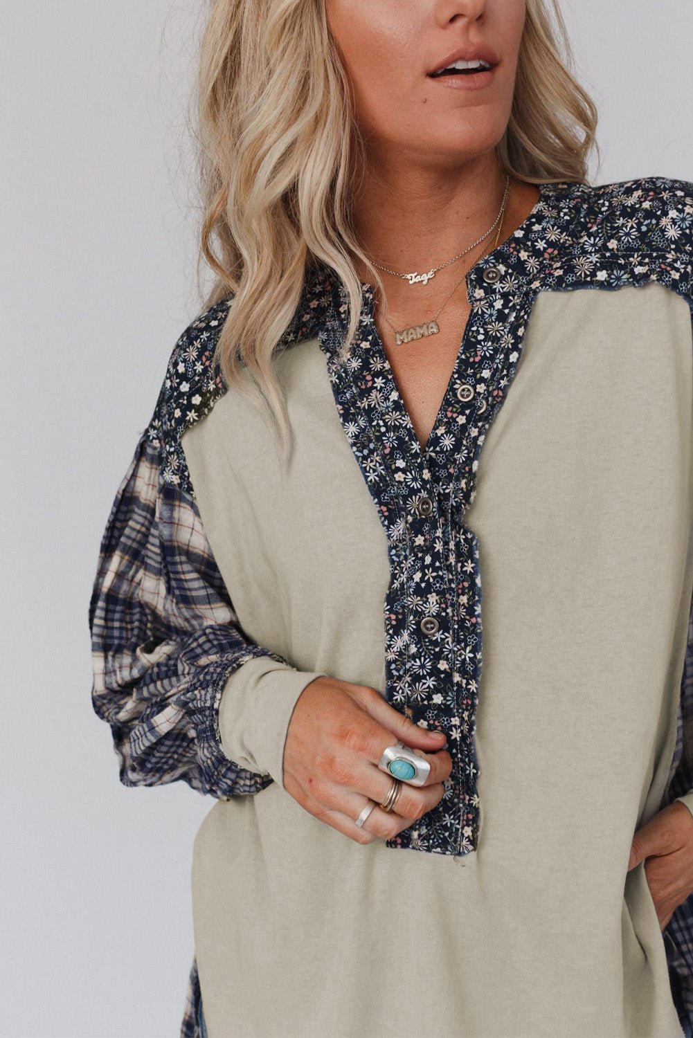 Red Floral Plaid Mixed Print Bishop Sleeve Patchwork Top - Image 21