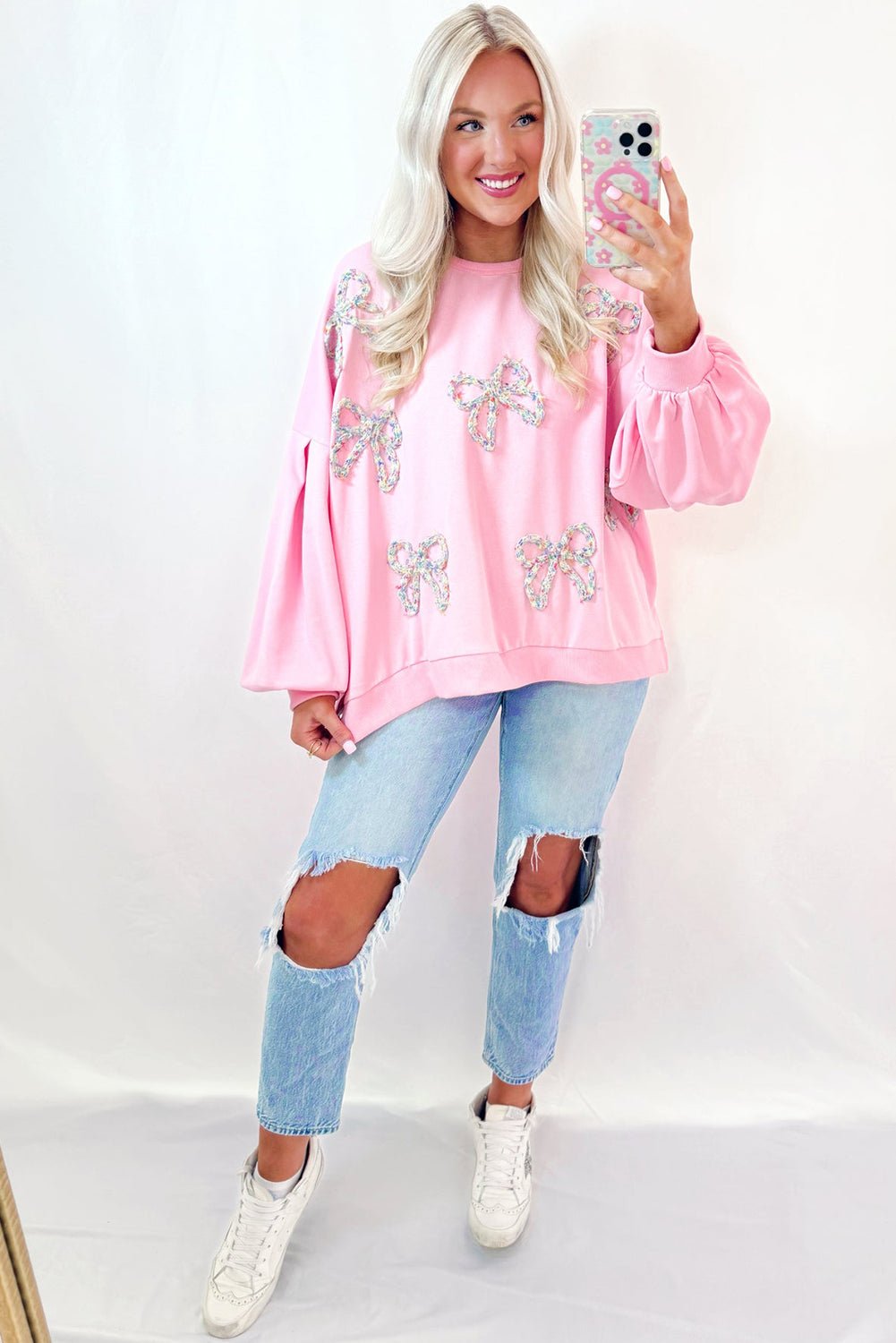 Light Pink Embroidered Bow Lantern Sleeve Oversized Pullover Sweatshirt - Image 5