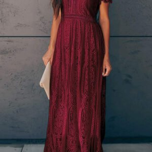 Burgundy Deep V Neck Short Sleeve Lace Maxi Dress