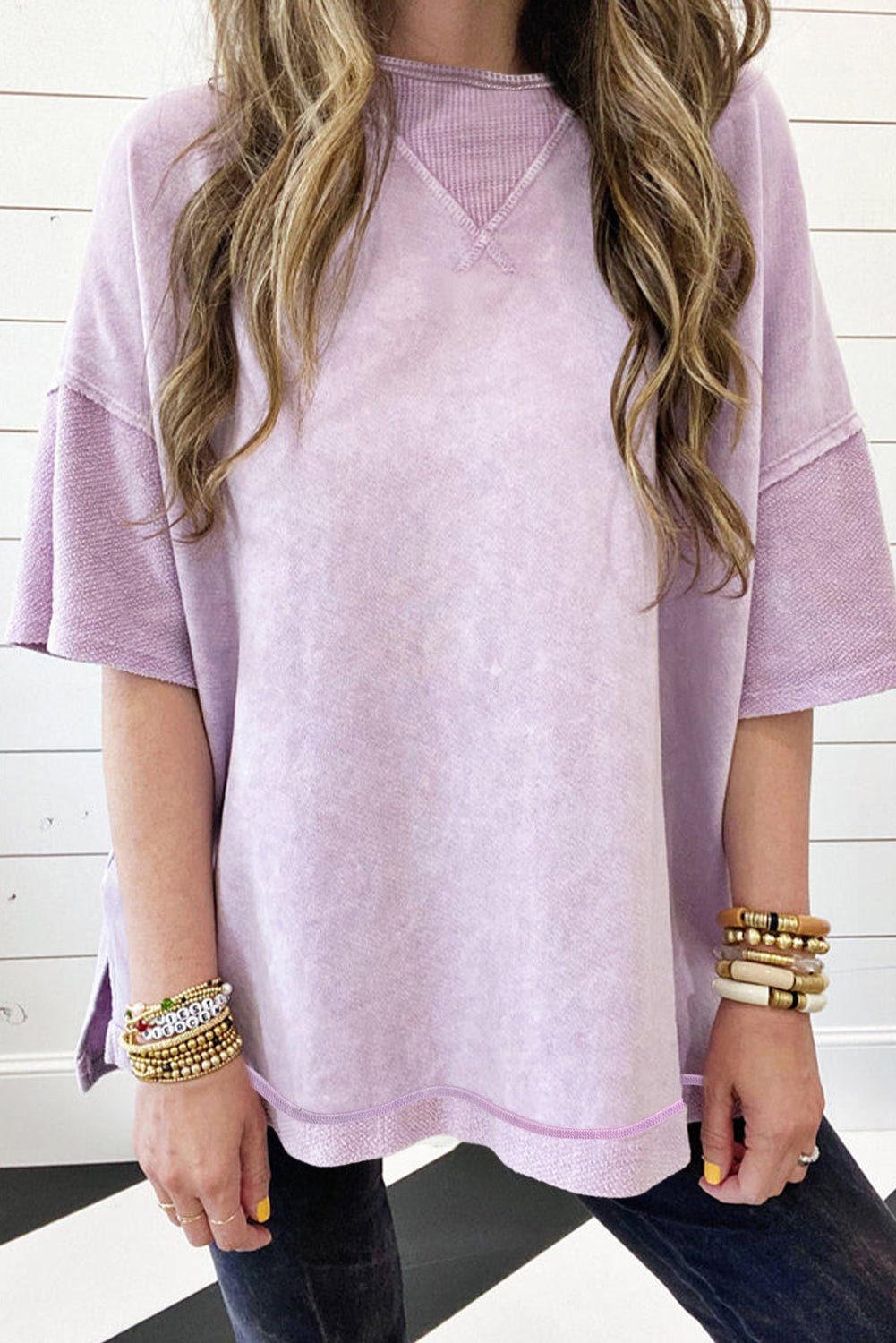 Orchid Petal Mineral Wash Exposed Seam Drop Shoulder Oversized Tee - Image 3