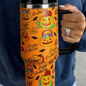 Orange Halloween Pumpkin Print Handle Large Tumbler 40oz