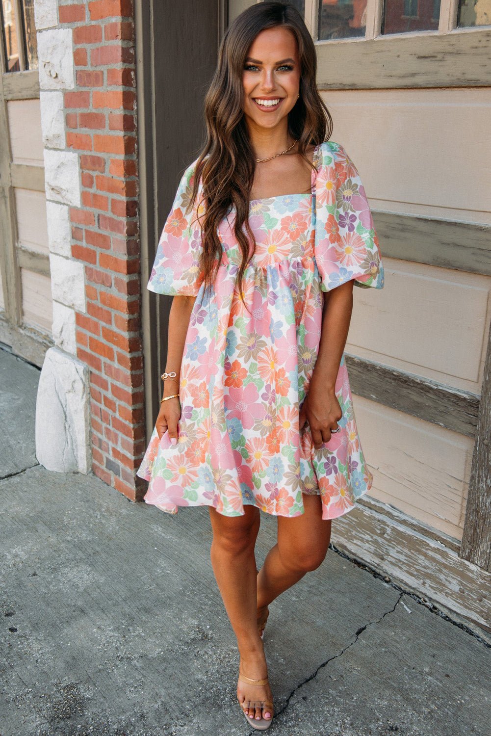 Pink Summer Floral Square Neck Puff Sleeve Babydoll Dress - Image 5