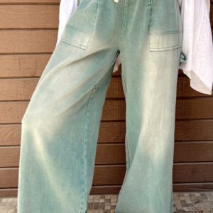 Smoke Green Mineral Wash Drawstring High Waist Wide Leg Jeans