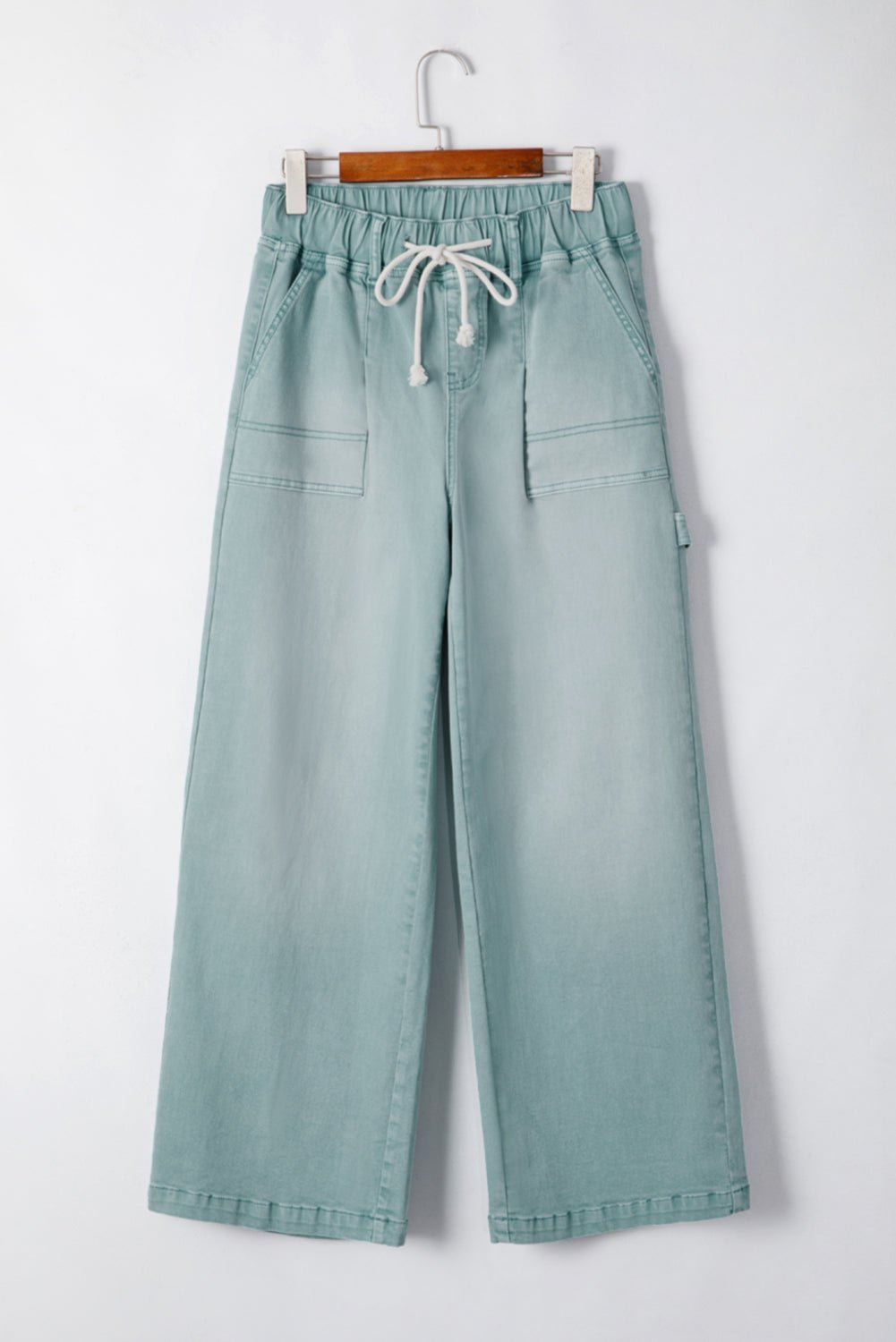 Smoke Green Mineral Wash Drawstring High Waist Wide Leg Jeans - Image 4