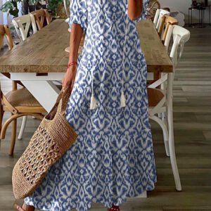 V Neck Casual Geometric Print Maxi Dress