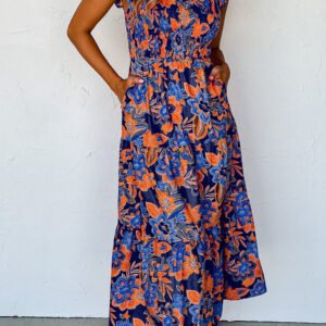 Dark Blue Boho Floral V Neck Ruffle Tiered Long Dress