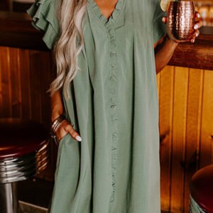Mist Green Ruffle Sleeve V Neck Frilled Shift Dress
