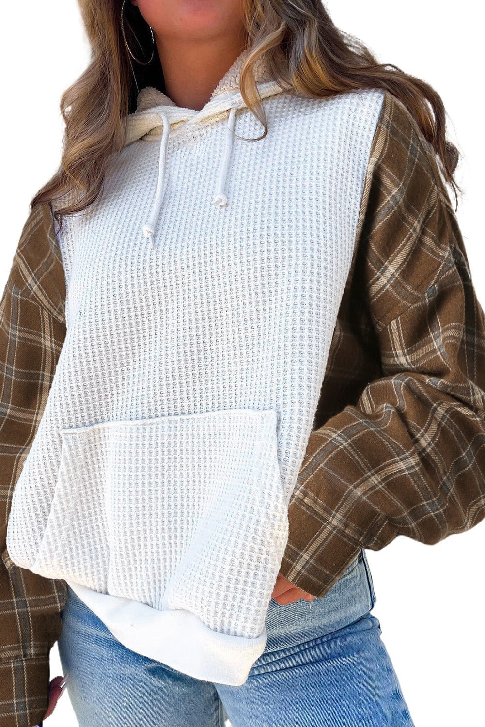 White Waffle Patch Plaid Sleeve Kangaroo Pocket Hoodie - Image 3
