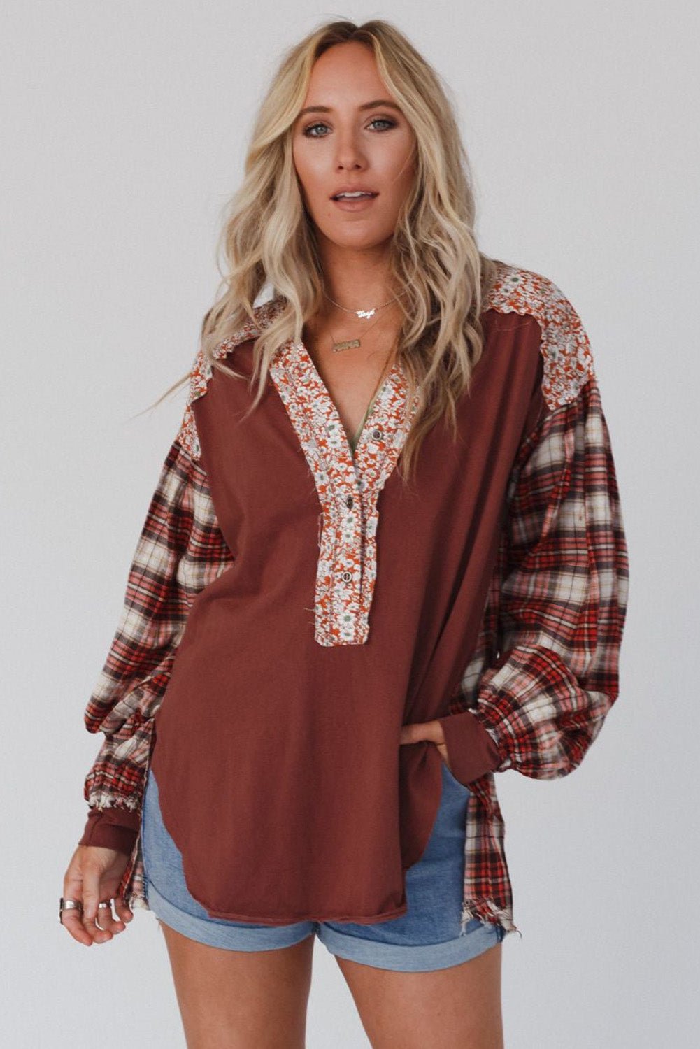 Red Floral Plaid Mixed Print Bishop Sleeve Patchwork Top - Image 9