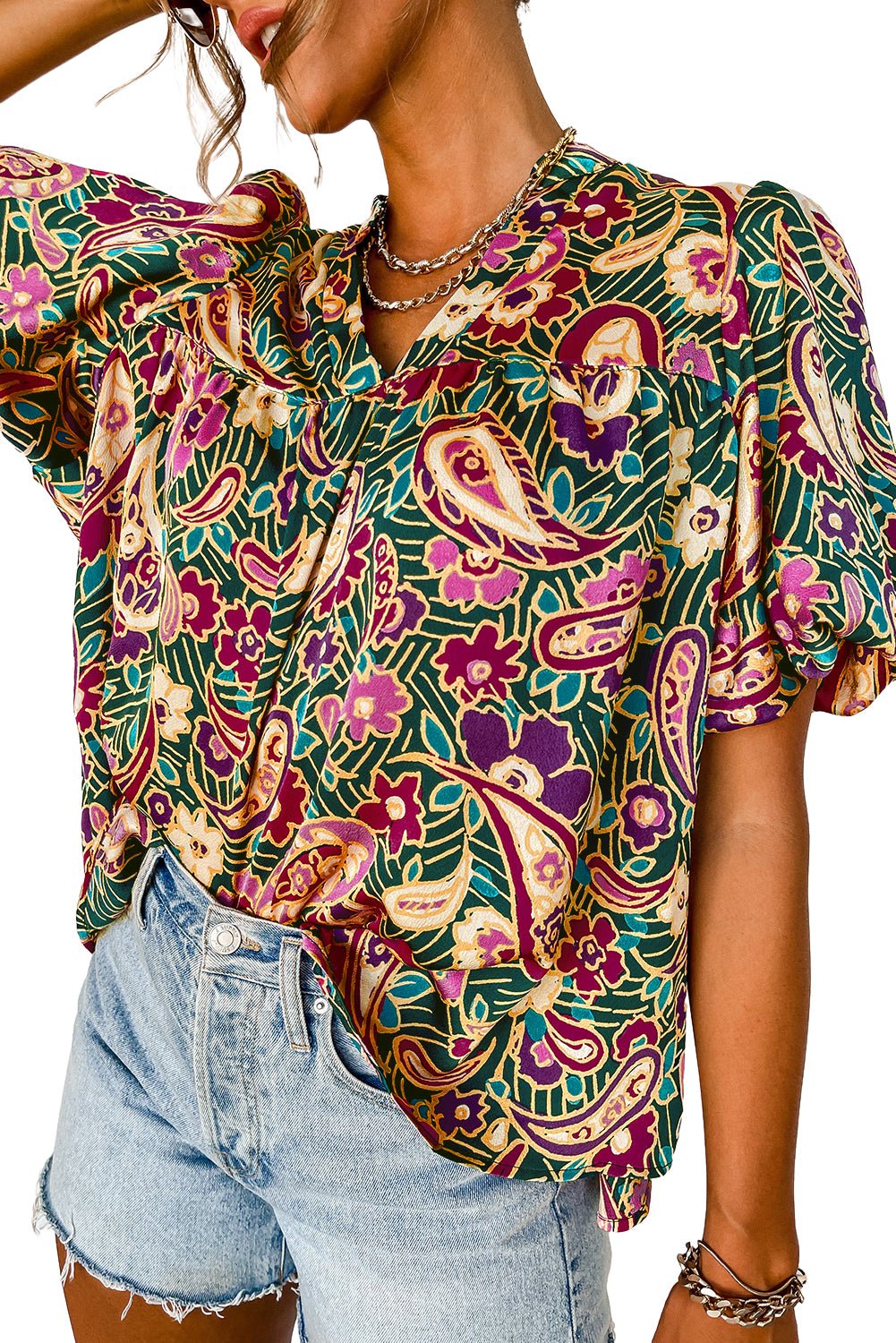 Green V Neck Short Bubble Sleeve Paisley Blouse - Image 4