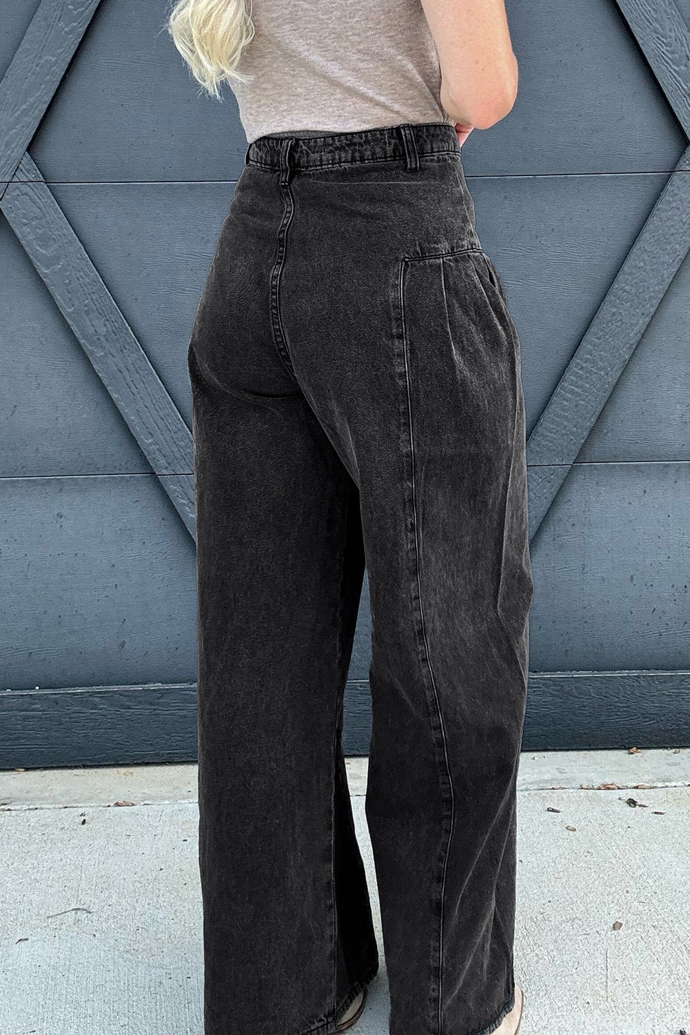 Dark Grey Pleated Wide Leg Mineral Wash Denim Pants - Image 2